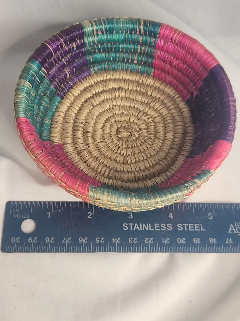 Handcrafted Round Basket Bolga Style Pink Purple Teal Keys Jewelry Trinkets